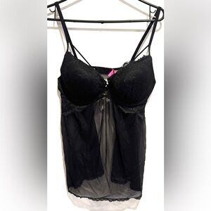 La Senza lingerie baby doll sheer flowy lace black push up romantic evening XL